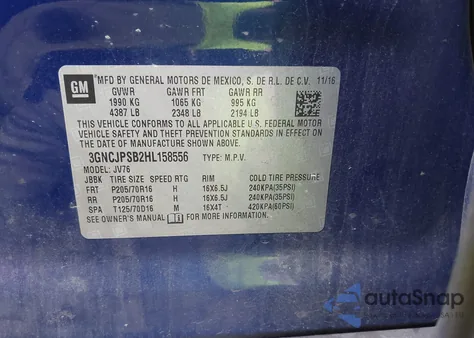 2017 Chevrolet Trax Lt из США, поврежденный, VIN 3GNCJPSB2HL158556